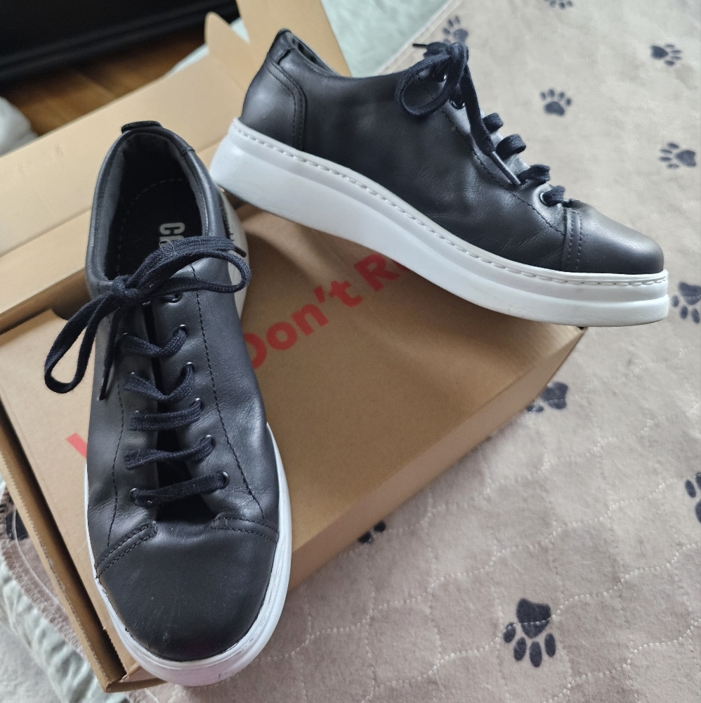 Camper Black Leather Lace-Up Sneakers with White Soles